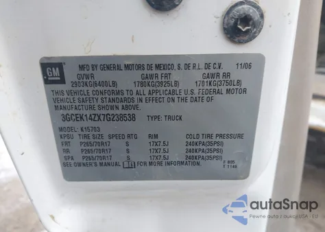 2007 Chevrolet Silverado 1500 Classic Work Truck z USA, uszkodzony, nr VIN 3GCEK14ZX7G238538